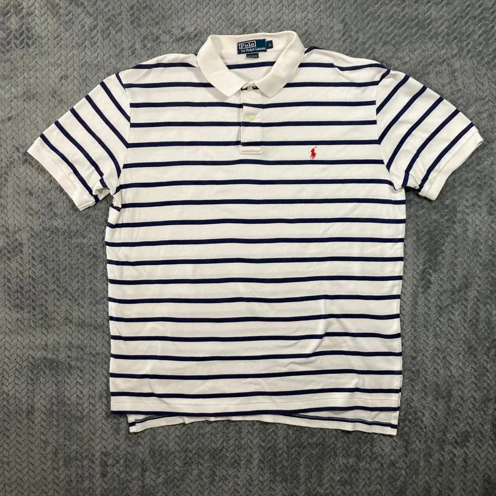 Polo Ralph Lauren Polo Shirt Mens L Striped White Navy Blue